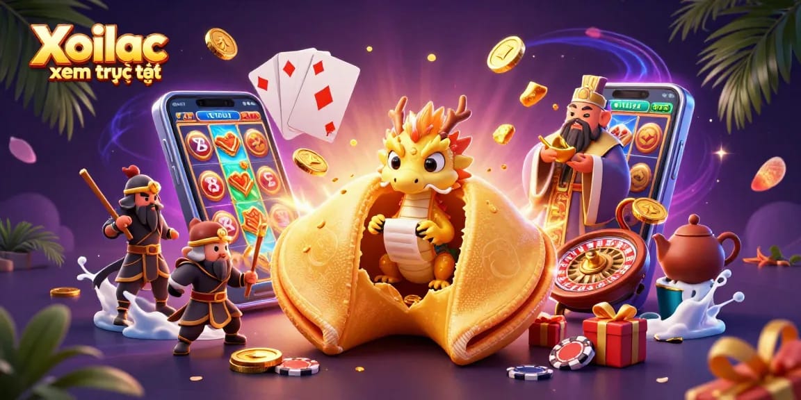 Xoilac xem trực tiếp showcases vibrant casino adventures with characters and slot games in a rich digital scene.