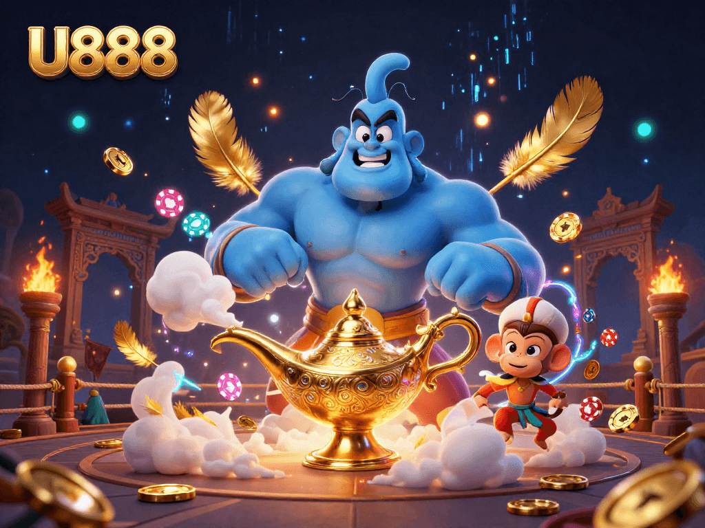Bet and win big with U888 in this vibrant 3D illustration featuring exciting casino elements and energetic characters.