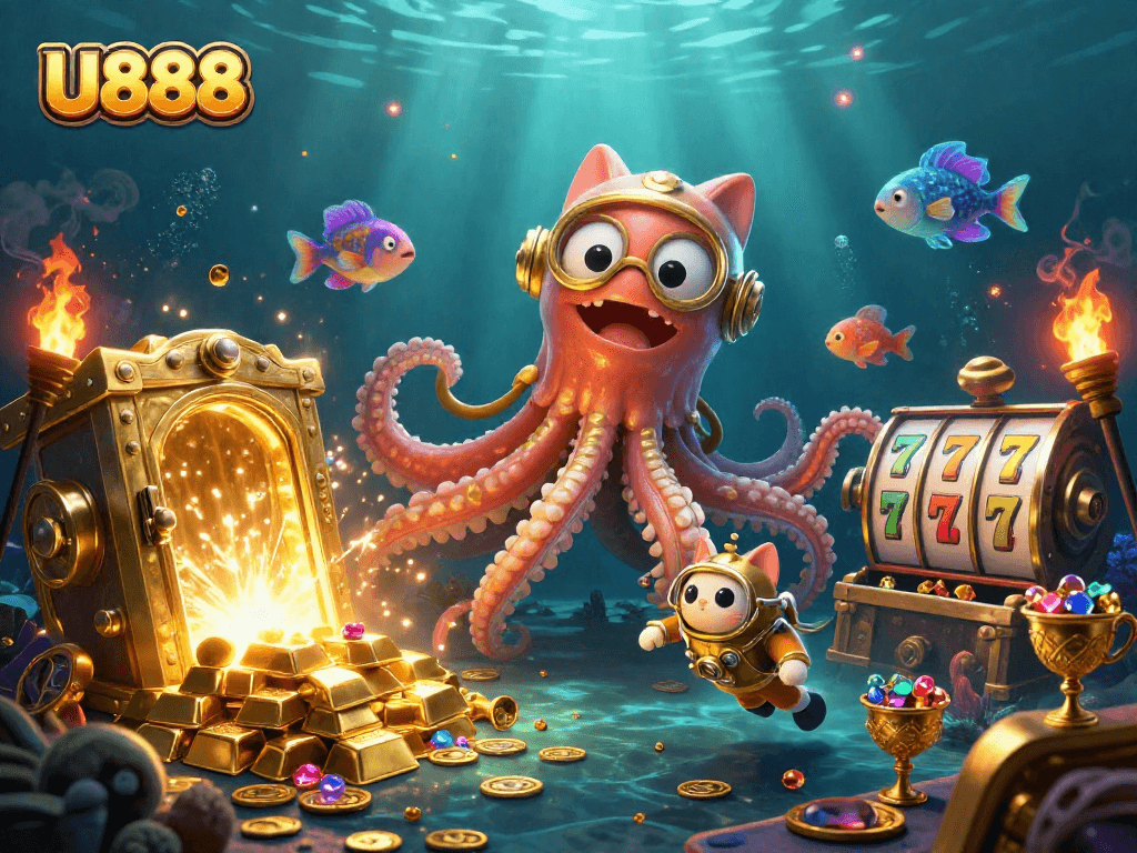 Experience the thrilling adventure of U888's colossal kraken and treasures in a captivating underwater casino scene.