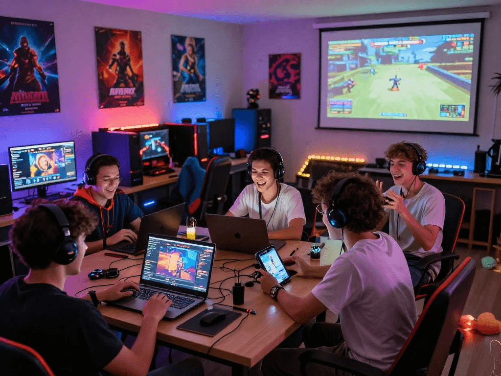 Engaged group playing porngames in a vibrant gaming room showcasing interactive fun.