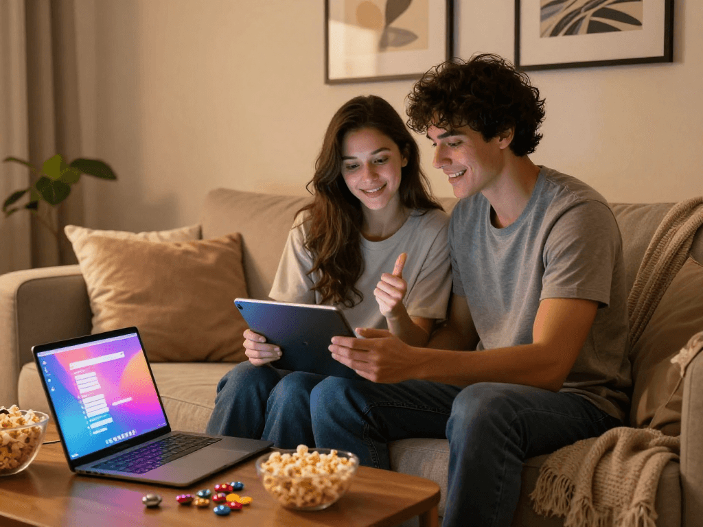 Couple enjoying ai porn chat on a tablet in cozy living room.