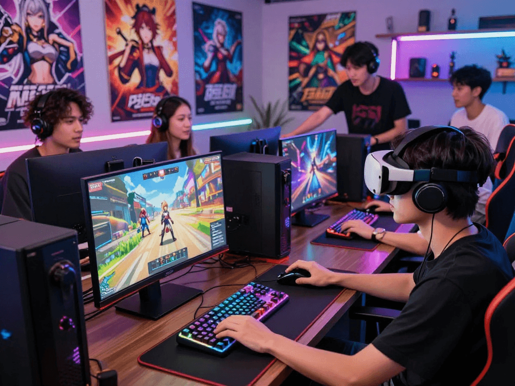 Exciting scene showcasing gamers playing popular hentai games with immersive characters and vibrant gaming accessories.