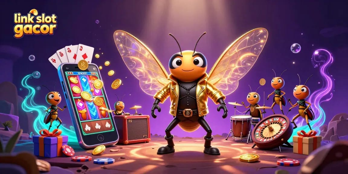 Engage with link slot gacor in a vibrant 3D casino scene full of characters and slot game elements.
