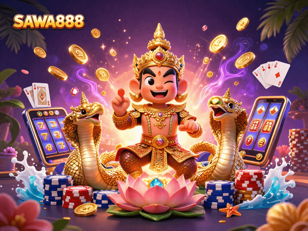 Experience the thrill of SAWA888 with an enchanting 3D illustration featuring charming Thai characters and vibrant casino symbols.