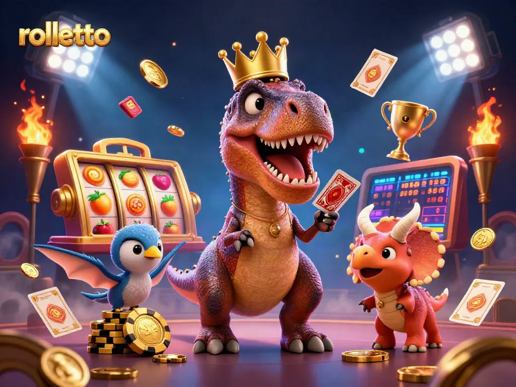 Engage with rolletto in a vibrant 3D illustration of a T-Rex shuffling cards amid dynamic casino action.