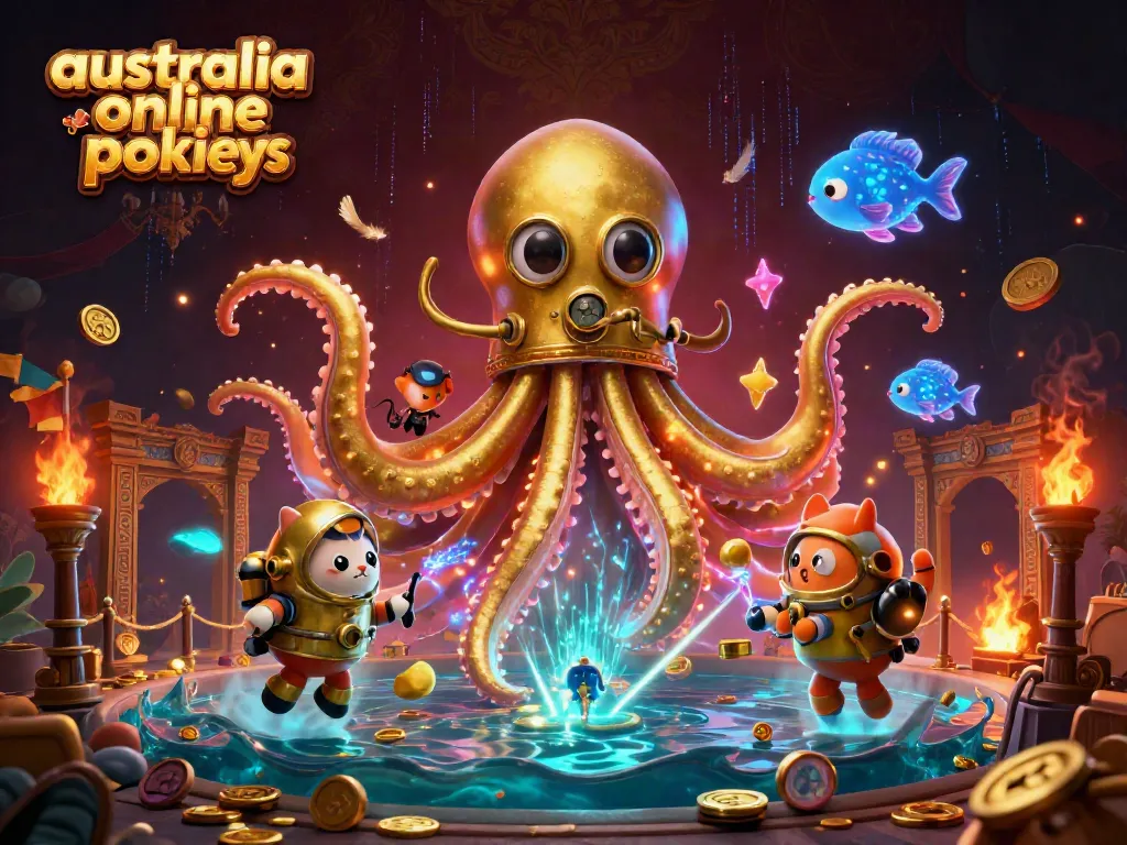 Experience thrilling gameplay with vibrant australia online pokies, showcasing a kraken and diving cat in a treasure-filled setting.