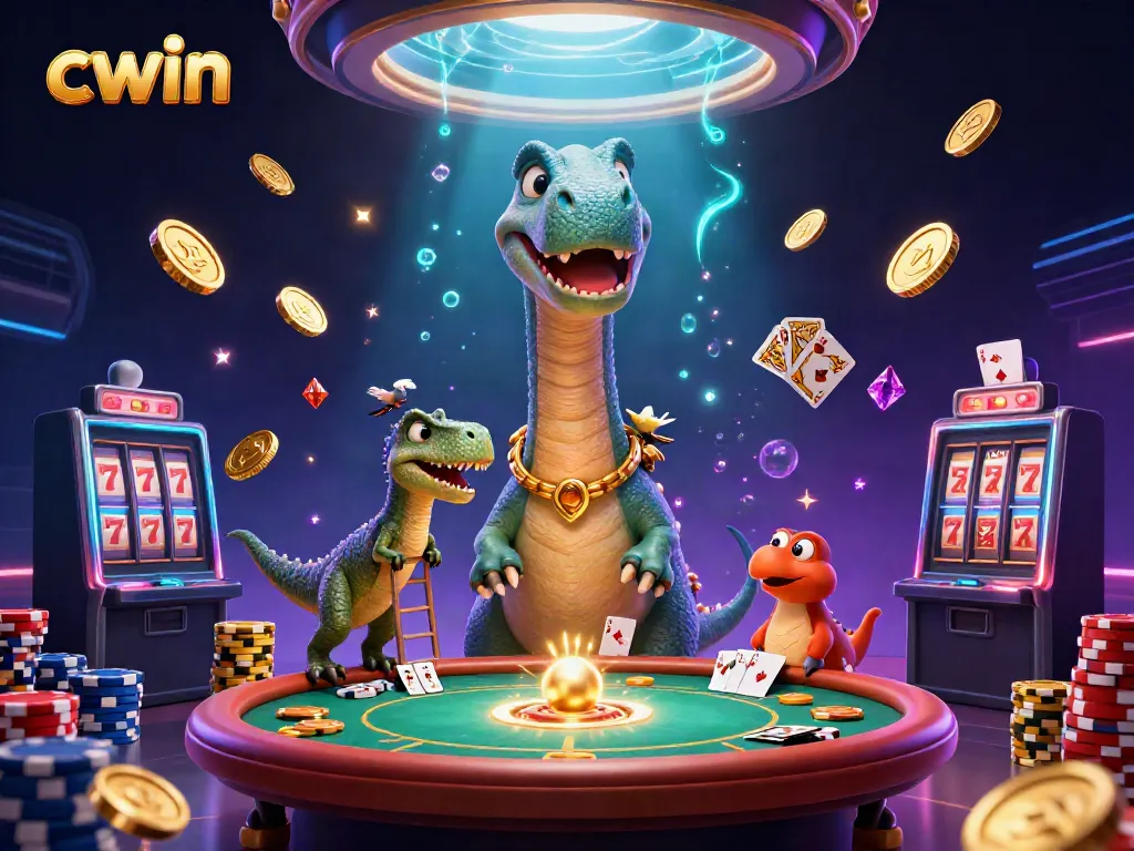 Experience the exciting world of cwin, where a towering brontosaurus adds a whimsical touch to the thrilling casino scene.