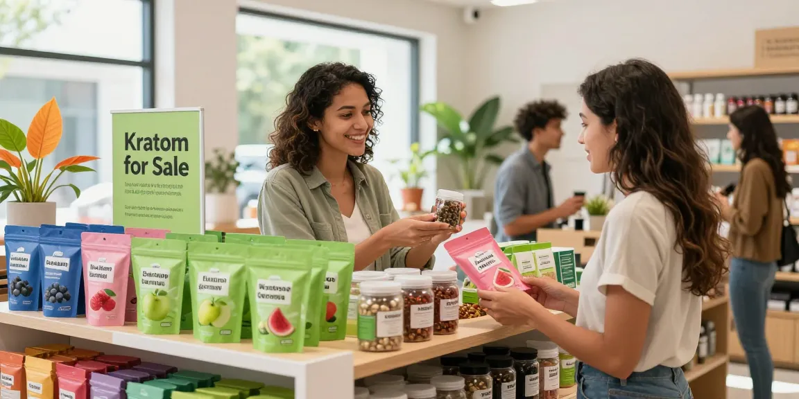 Kratom for sale displayed in a vibrant retail space with Kratom gummies and powders, highlighting a friendly shopping experience.