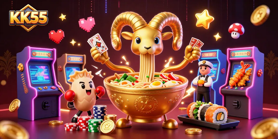 Engage with KK55's thrilling 3D casino scene featuring unique characters and vibrant game elements.