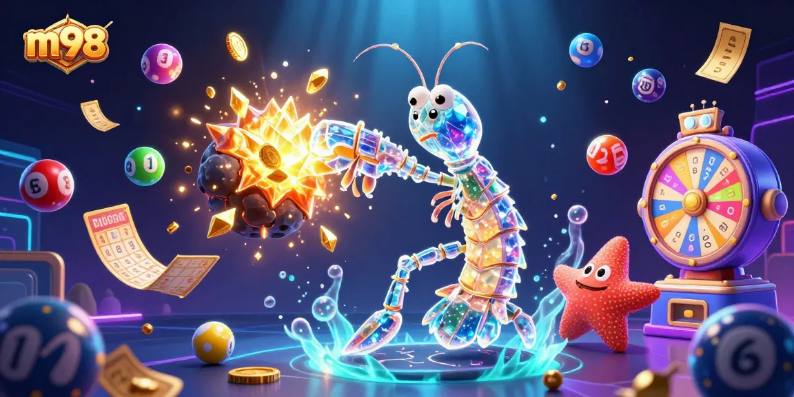 M98 sparks winning excitement with a galactic samurai mantis shrimp amidst colorful lottery elements.