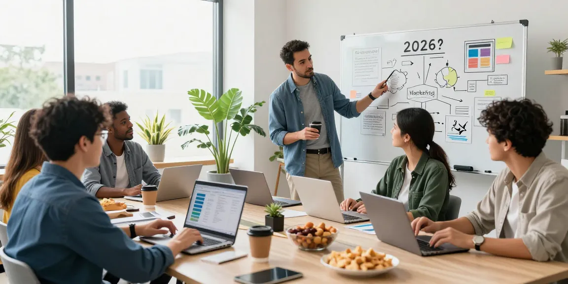 Diverse marketers collaborating on strategies using AI marketing tools in a modern office.