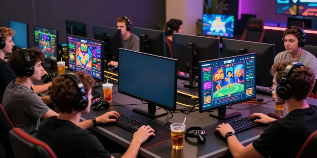 Group of friends engaging with DEBET online gaming platform in a vibrant, modern space.