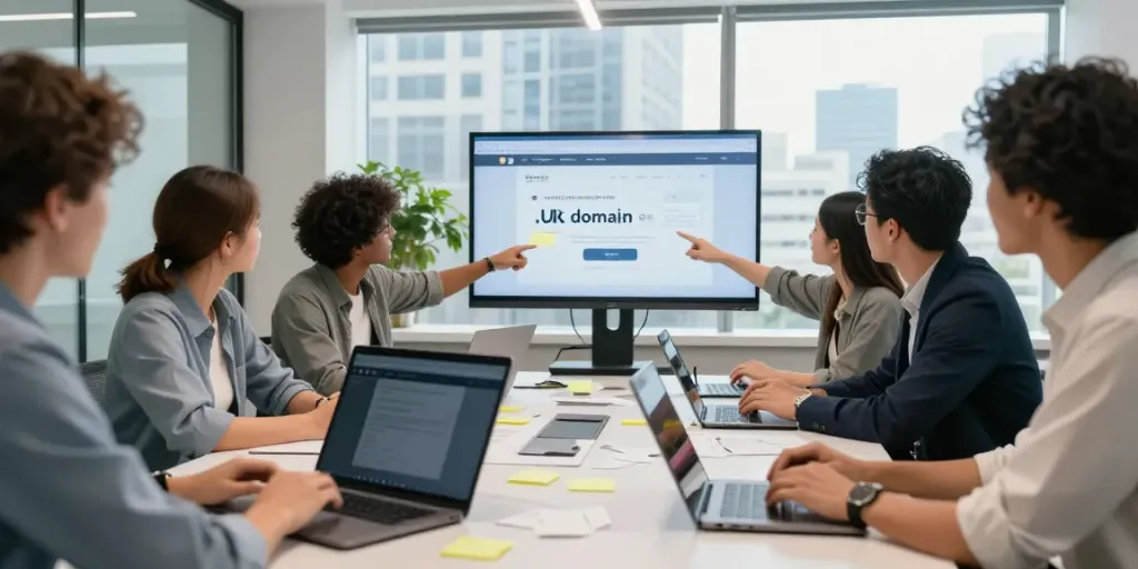Collaborative team discussing how to buy .uk domain in a modern office