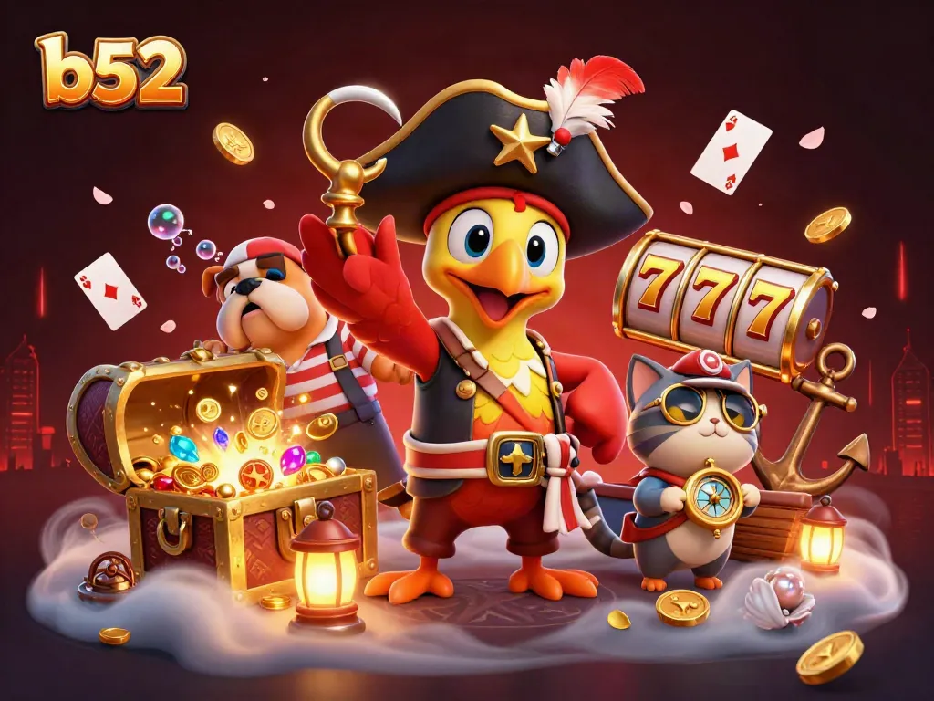 Engage with thrilling b52 casino action surrounded by vibrant slot reels and pirate elements.