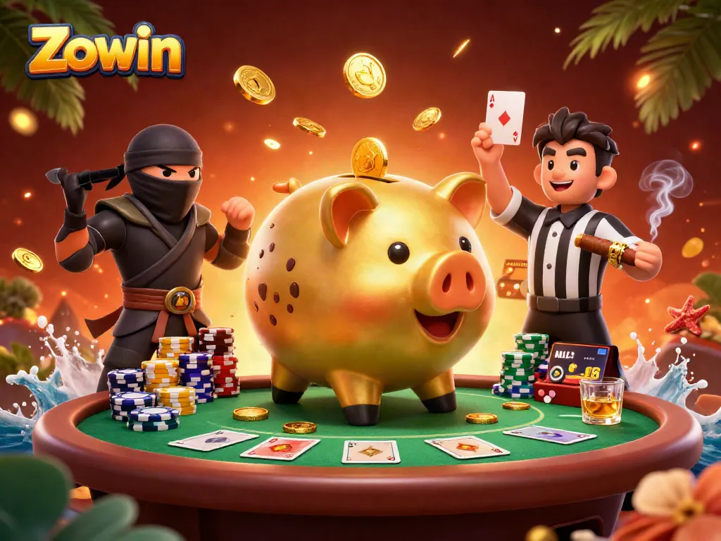 Zowin's dynamic casino scene featuring characters engaging in poker, showcasing vibrant game elements.
