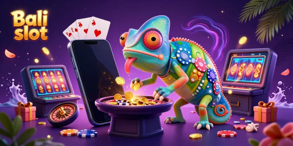 Bali slot chameleon casino owner capturing golden coins amid a vibrant casino gaming scene.