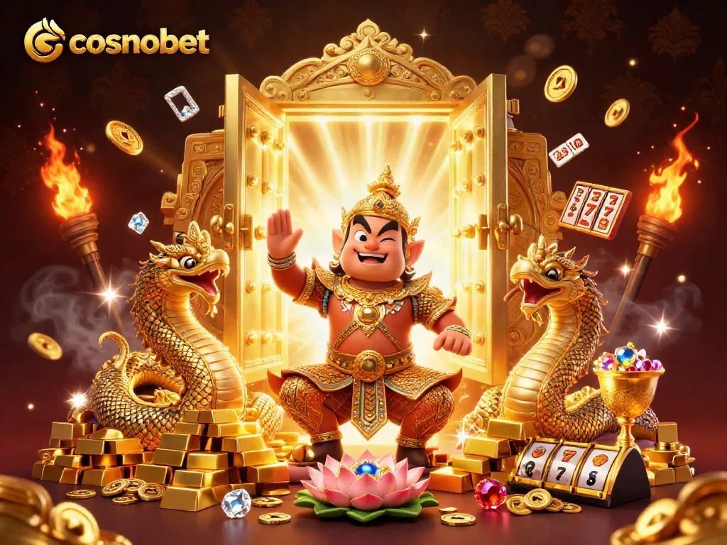 Spin and win at cosmobet with a vibrant 3D casino scene showcasing golden treasures and rich symbolism.