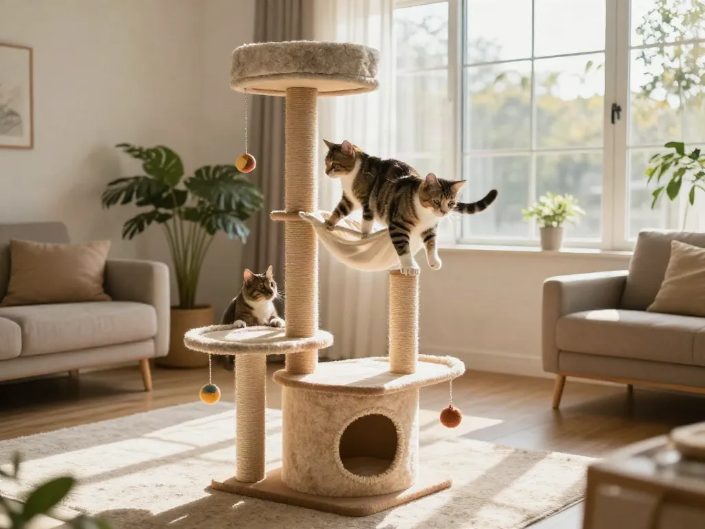 Energetic cats playing on a stylish cat cat tree in a sunny living room.