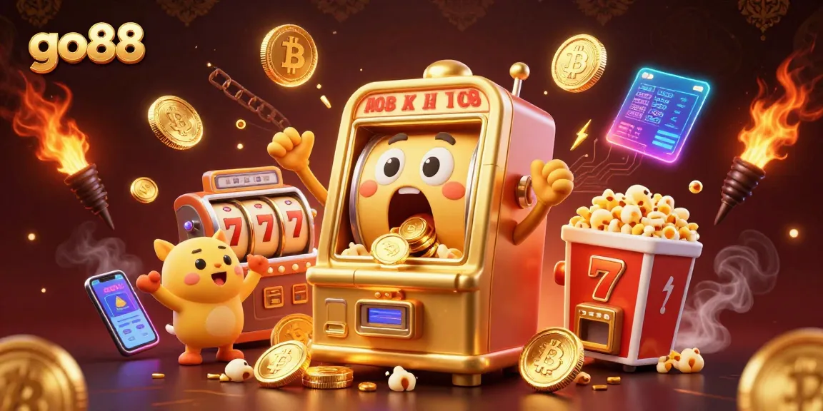 Experience jackpot thrills with go88's cartoon slot machines in a vibrant casino scene.