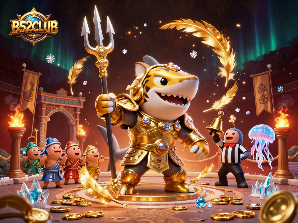 B52CLUB immersive gambling scene showcasing a powerful tiger shark championing a dynamic colosseum challenge.