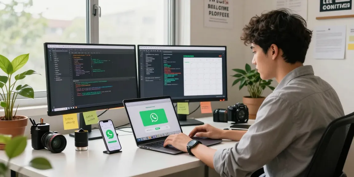 Engaged professional downloading WhatsApp下載 in a modern workspace.