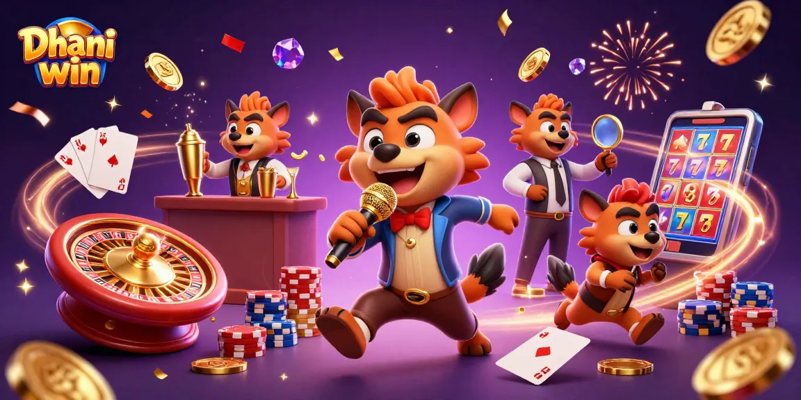 Dhani win casino scene with hyenas enjoying slots and games amidst golden coins and vibrant fun.