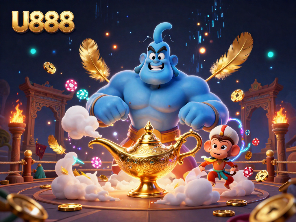 Bet and win big with U888 in this vibrant 3D illustration featuring exciting casino elements and energetic characters.