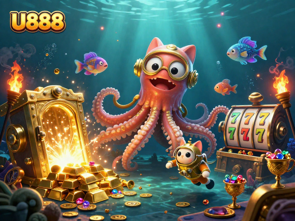 Experience the thrilling adventure of U888's colossal kraken and treasures in a captivating underwater casino scene.