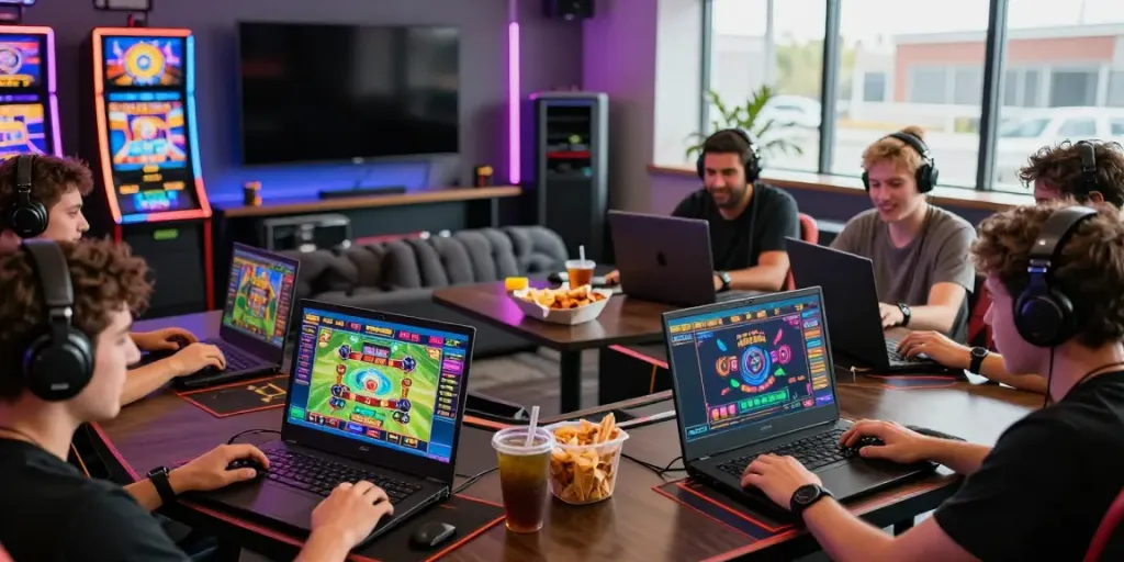 Exciting gaming hub at https://tx88bet.vip/ with diverse players enjoying casino games on laptops and smartphones.