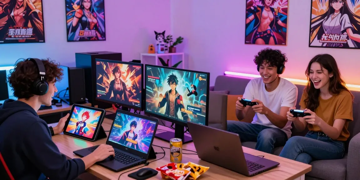 Engaged players enjoying a hentai game on tablets and consoles, showcasing vibrant and interactive gaming experience.