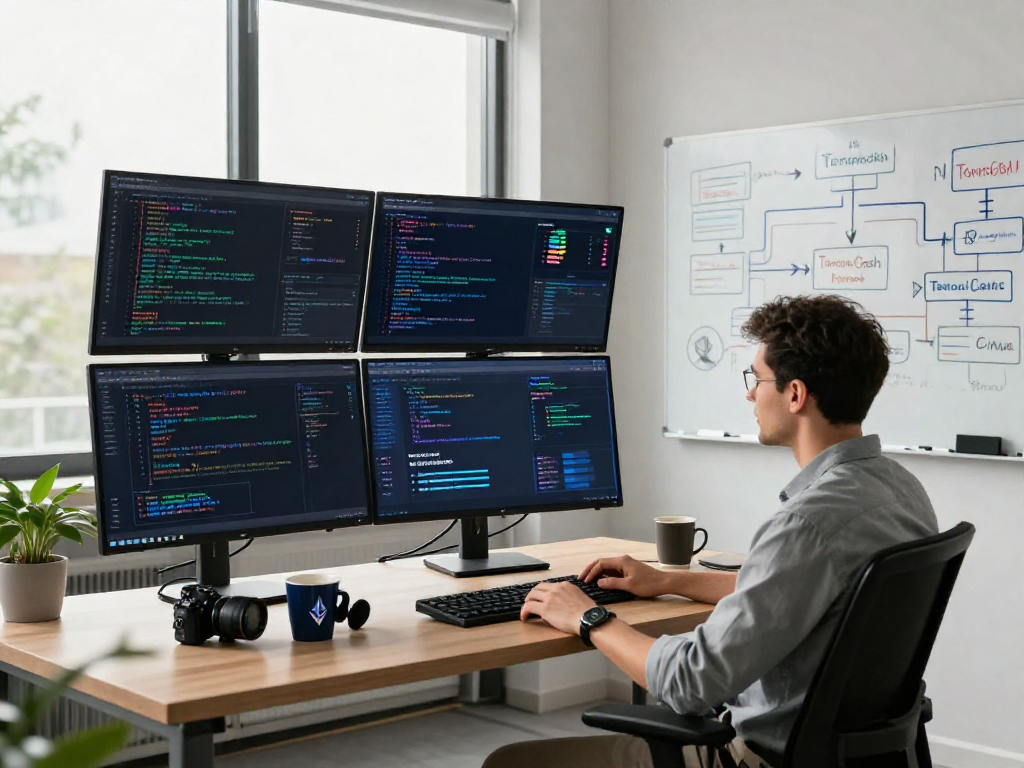 A blockchain developer analyzing Tornado Cash protocols in a modern workspace, showcasing privacy analytics and Ethereum assets.