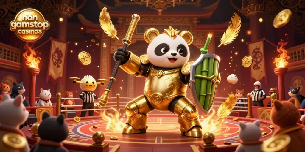 3D illustration of non gamstop casinos featuring a mech-suit panda in a vibrant casino arena.