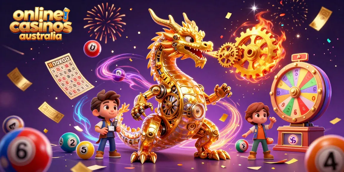 Experience excitement in online casinos Australia with a vibrant 3D scene showcasing a golden dragon and dynamic game elements.