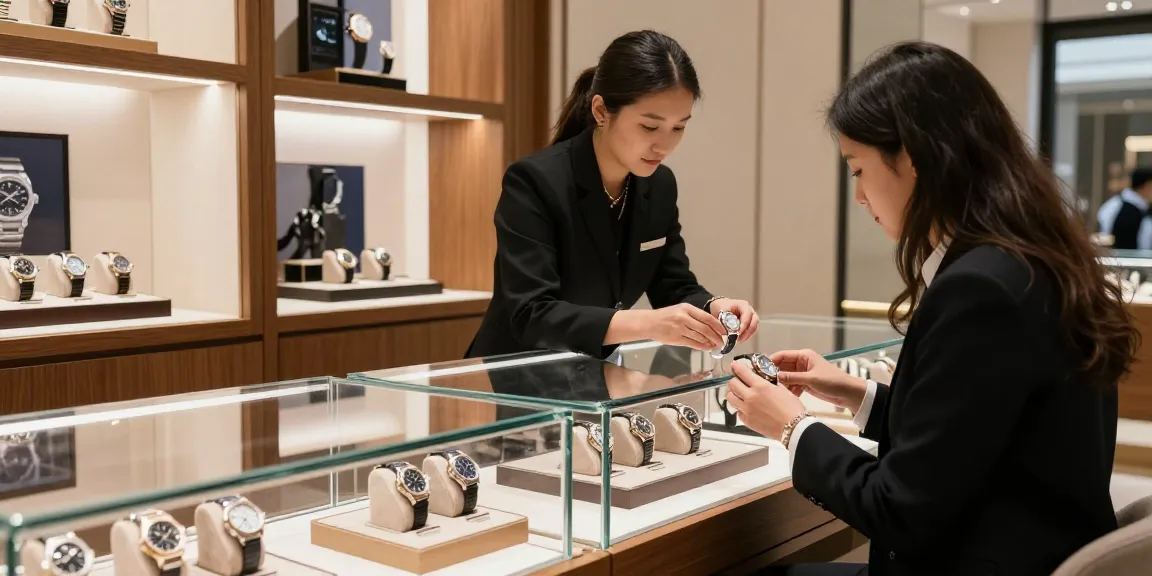 Explore luxurious clone watches showcased in a modern boutique setting.