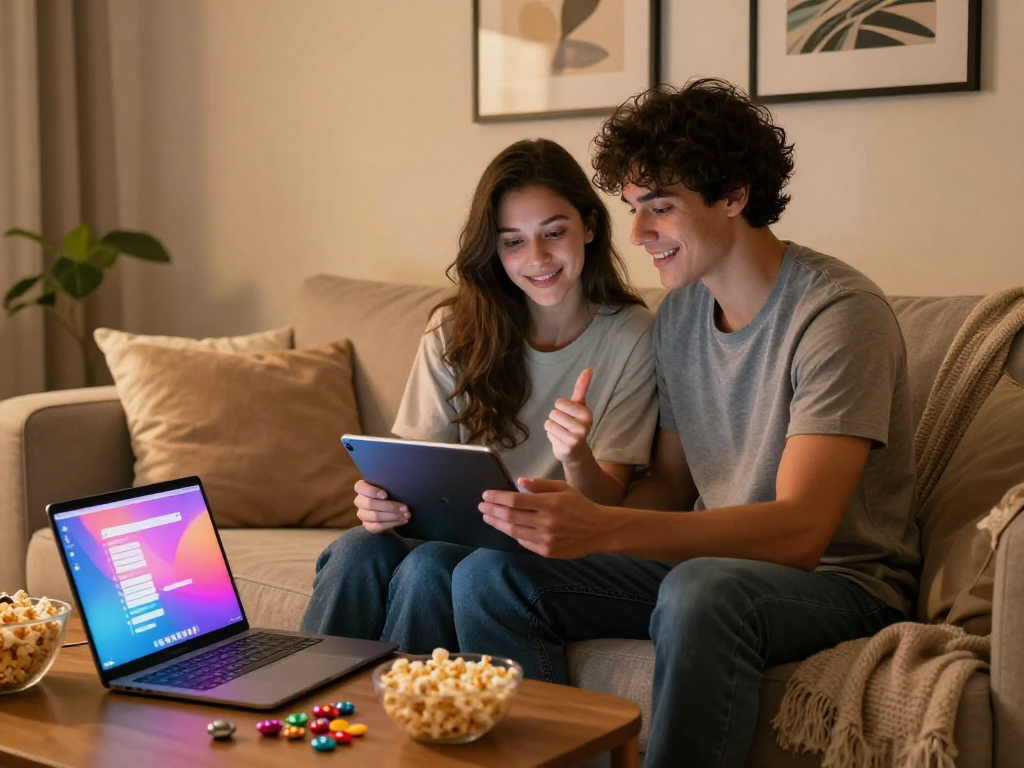 Couple enjoying ai porn chat on a tablet in cozy living room.