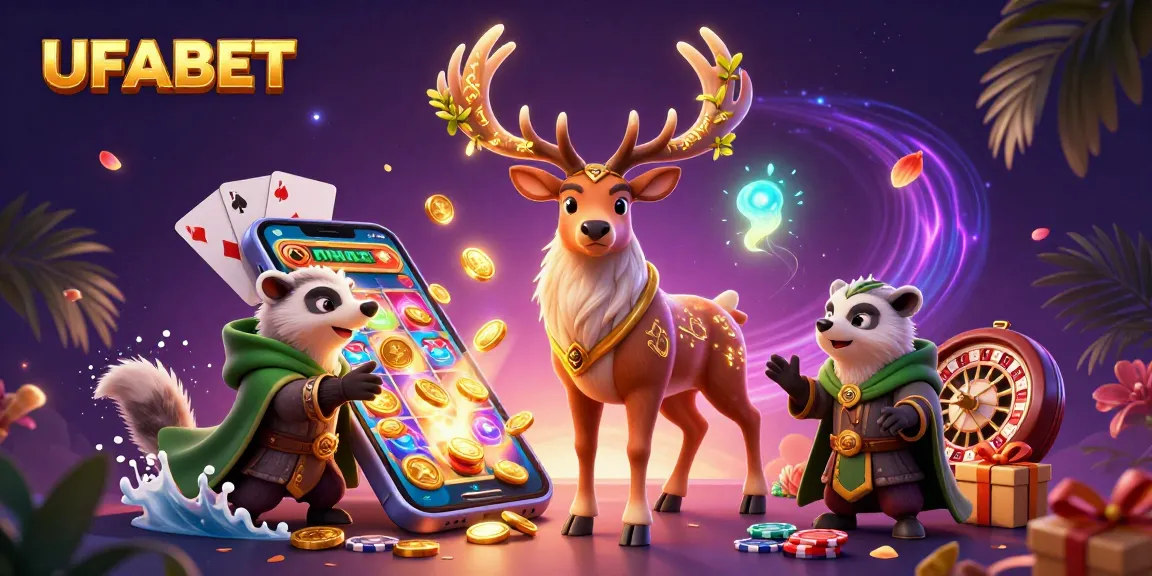 Play slots and win big at UFABET with vibrant 3D illustration showcasing exciting casino elements.