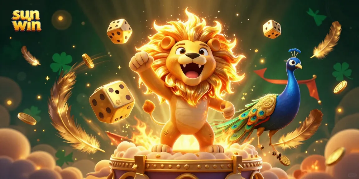 Experience thrilling gameplay with sun win, showcasing golden dice, roaring lion, and vibrant slot symbols.