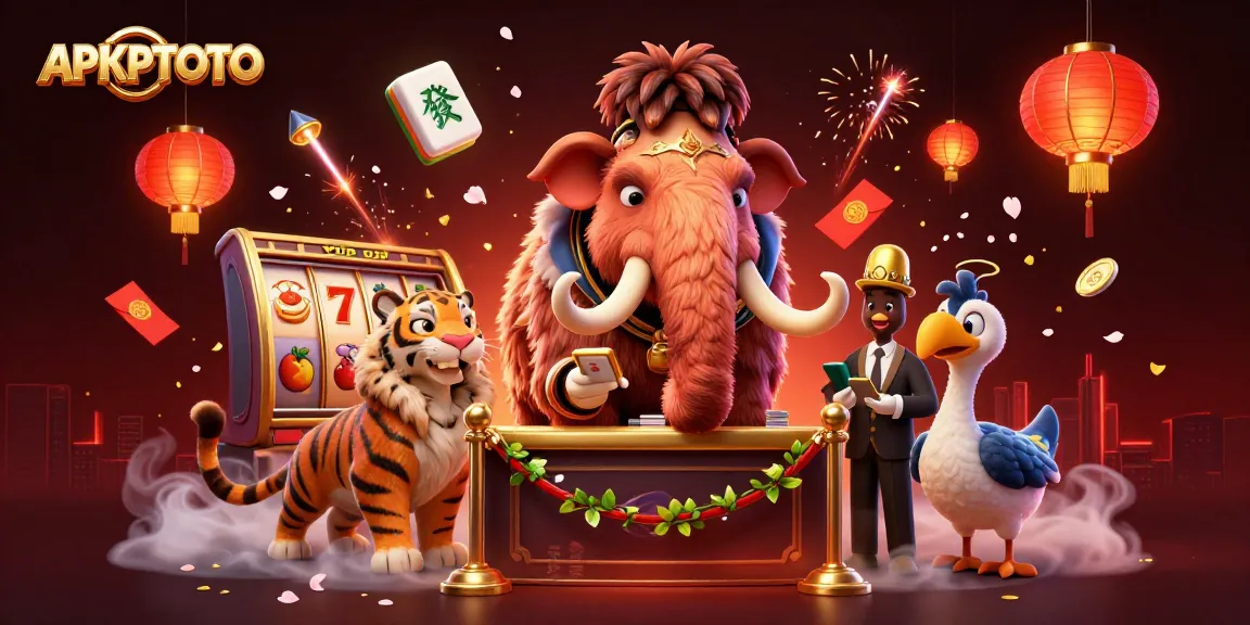 APKTOTO menyajikan bouncer mamut berbulu di kasino dengan suasana permainan yang meriah dan elemen bertema slot.