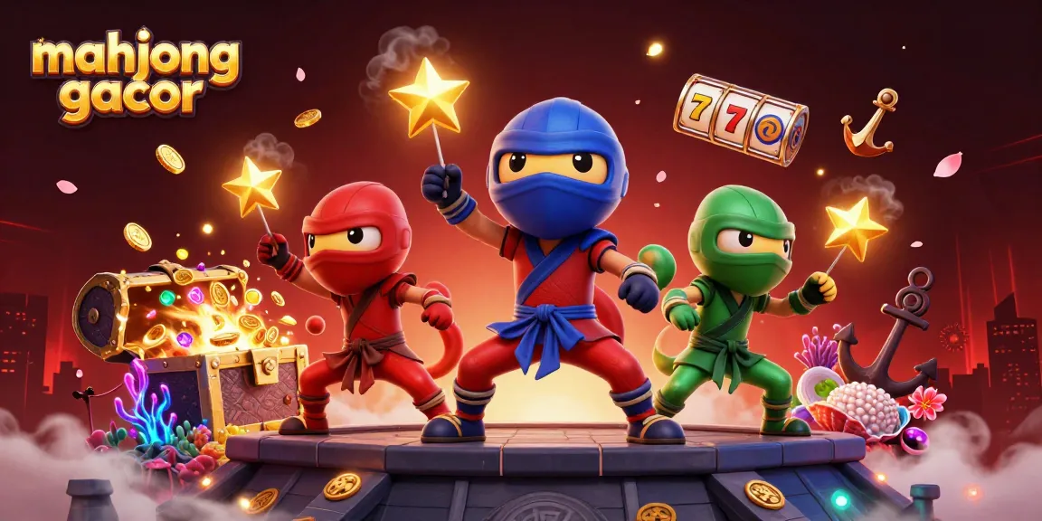 Experience thrilling mahjong gacor action with a vibrant 3D ninja scene amidst slot reels and treasure.